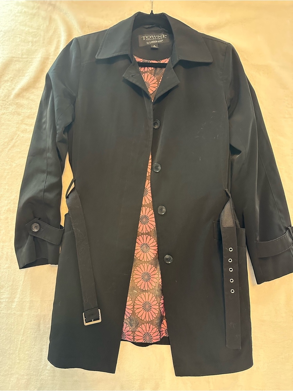 London Fog Black Trench Coat with Pink Floral Lining
